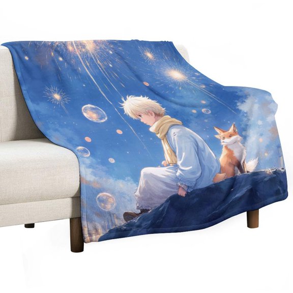 teenager And Fox Watching Fireworks Blanket Soft Cozy Flannel Blanket for man women