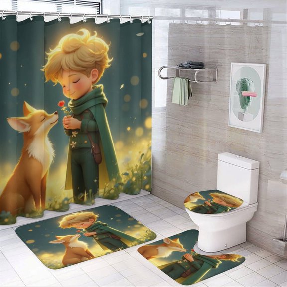 teenager And Fox in Spring Garden Shower Curtain Bathroom Sets Toilet Lid Rug, Bath Mat And Contour Mat, Shower Curtain 4Pcs