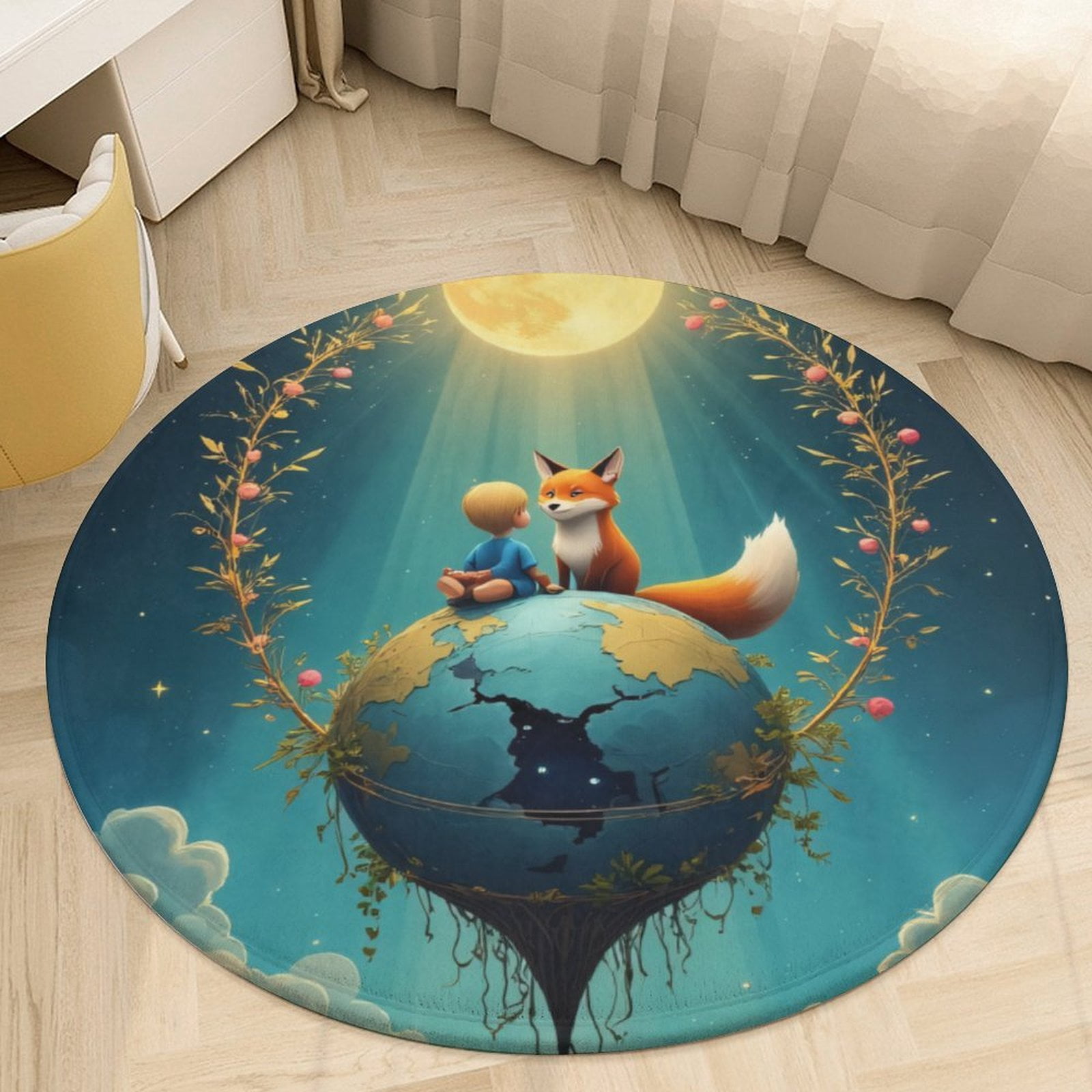 teenager And Fox on Floating Island Round Area Rugs for Bedroom Living ...