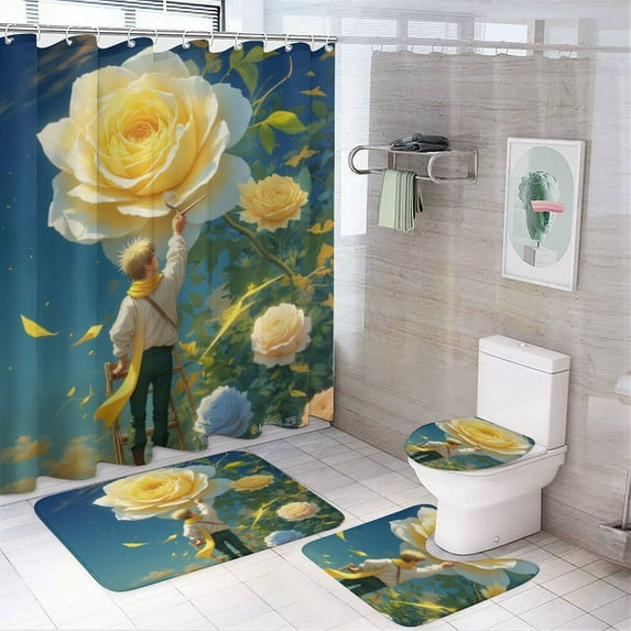 teenager Reaching for Giant Yellow Rose Shower Curtain Sets Non-Slip Rugs Bath Mat Toilet Cover U Shaped Mat 4 Pcs