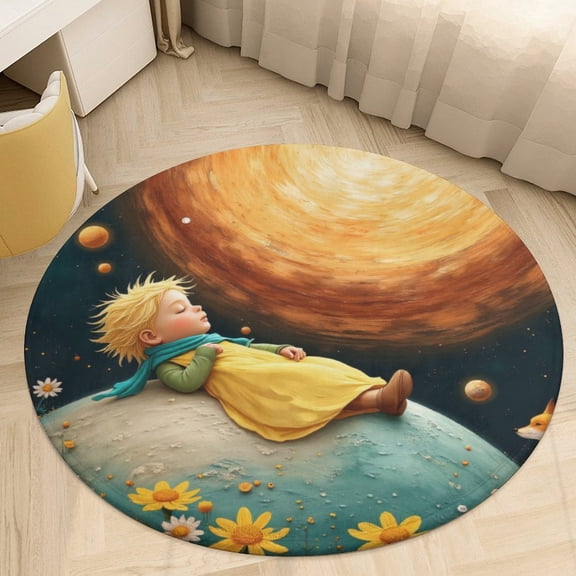 teenager Sleeping on Moon with Fox Round Area Rugs for Bedroom Living Room, 3FT Soft Indoor Circle Carpets, Carpet Home Decor Floor Mat