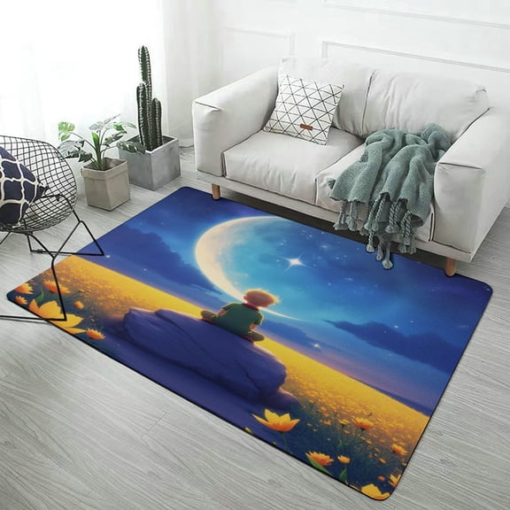 teenager Watching Moon in Flower Field Area Rugs Soft Carpet Suitable for Living Room Kitchen Bedroom Laundry Room Home Decorations