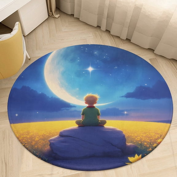 teenager Watching Moon in Flower Field Round Area Rugs for Bedroom Living Room, 3FT Soft Indoor Circle Carpets, Carpet Home Decor Floor Mat