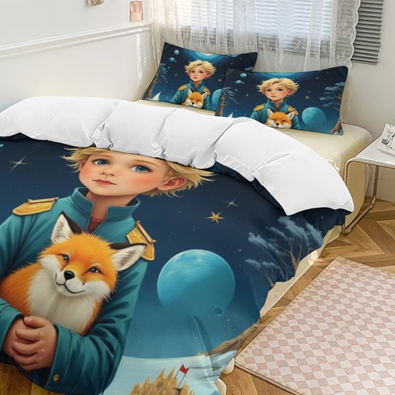 teenager with Fox in Moonlit Forest Bedding Set Couple Bedclothes Pillowcase Customized Home Textiles Bed Set for Bedroom Decoration