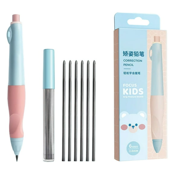 teens'S Corrective Mechanical Pencil Ergonomic Triangular Grip Posture Trainer Writing Tool for Proper Three-Finger Pen Holding Method Anti Slip Soft Rubber Grip, 1 Set (1 Pen + 6 Pen Refills)