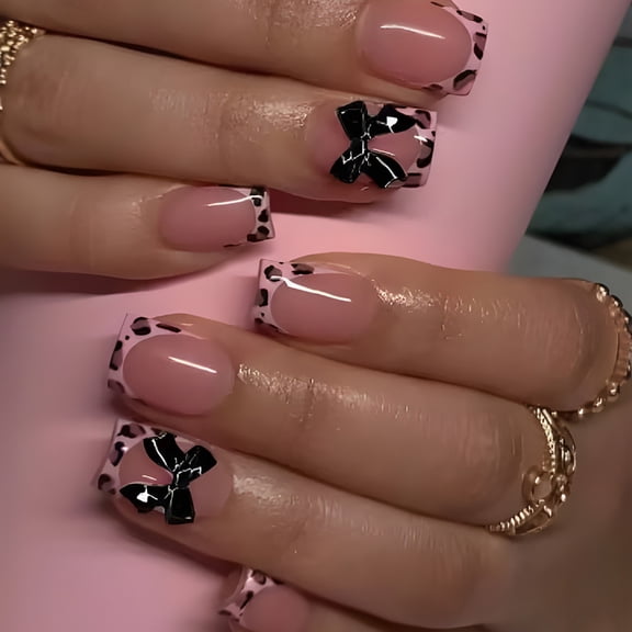 tegongse 24 Pcs 3D Bows Artificial Nail Leopard Print French False Nail Valentines Day Press On Nail Full Cover Stick on Nail