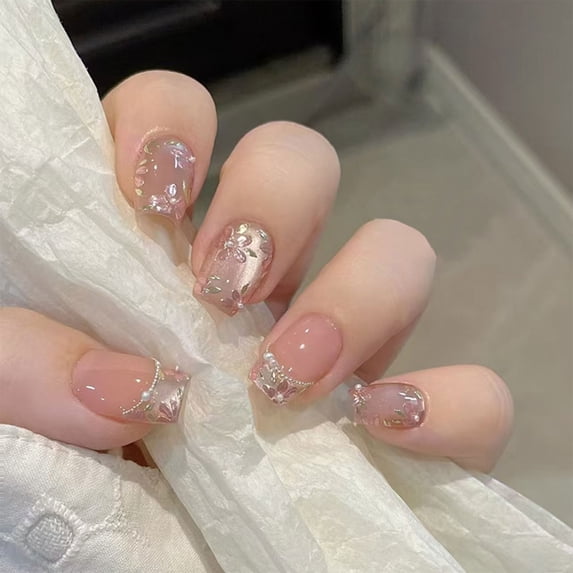 tegongse 24 Pcs Cats Eye False Nail Pearls Flowers Artificial Nail Short Full Cover Stick on Nail French Tip Press On Nail