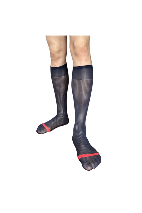 Mens Nylon Sheer Suit Socks Business Dress Socks Contrast Color Striped See Through Formal Dress Over the Calf Stockings