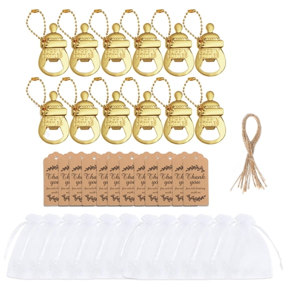 tegongse Pack Of 12 Stylish Feeder Bottle Openers for Baby Shower Souvenirs Party Supplies with Organza Bag and Thank You Label