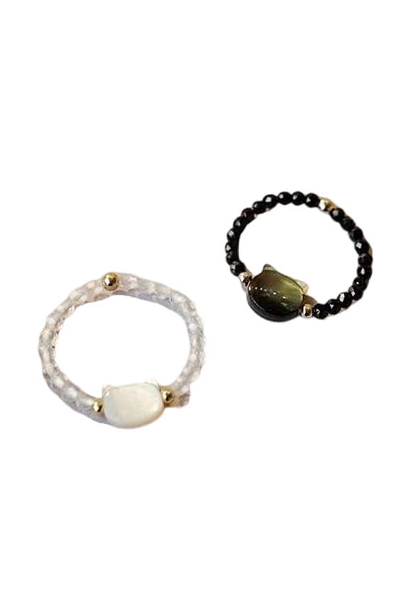 Pack Of 2 Adjustable Cats Themed Rings Set Natural Moonstone Obsidian Finger Rings Women Men Party Accessories Jewelry