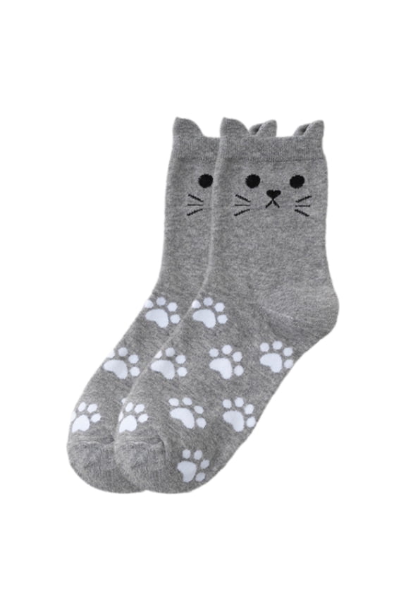 Women's Girls Cotton Middle Calf Socks with Cute Cats Ear and Paws Print Novelty Funny Cartoon Animal Crew Socks Hosiery