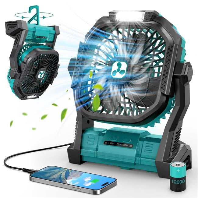 tek NT74301 Portable 12000mAh Rechargeable Battery Operated Camping Tent Fan with LED Lantern, USB-C Cordless Outdoor Ventilator for Travel, Picnic, Bedroom, Emergency