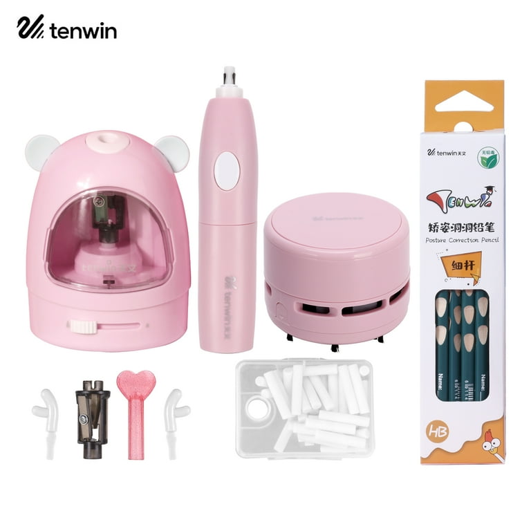 tenwin Electric Pencil Sharpener Eraser Vacuum Cleaner Set Stationery Set  with 50 Eraser Refills 