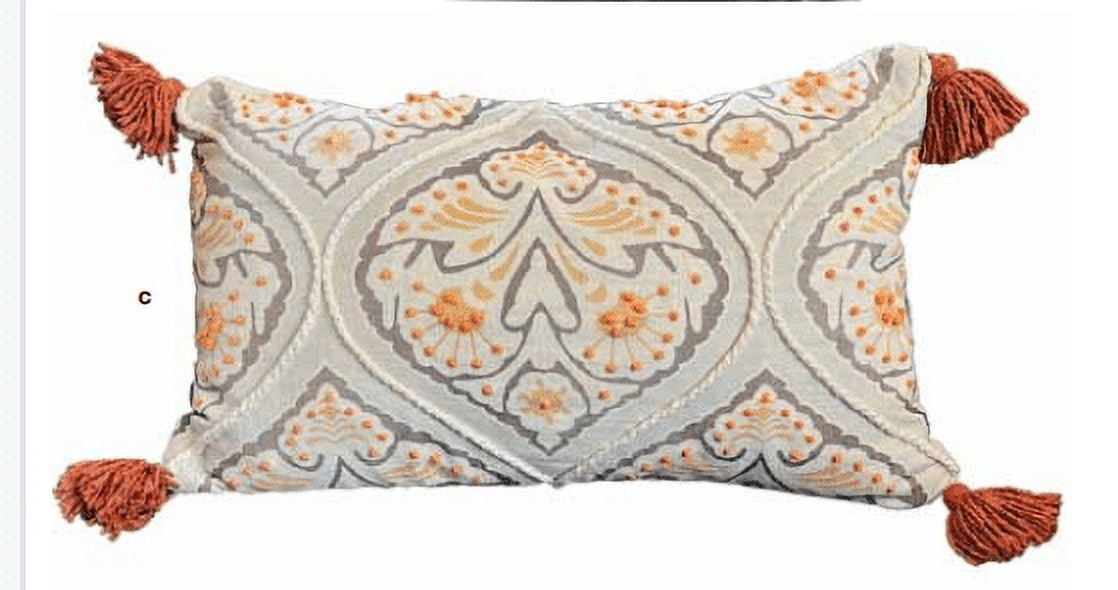 Terracotta and Gray Cotton Lumbar Pillow with Tassels
