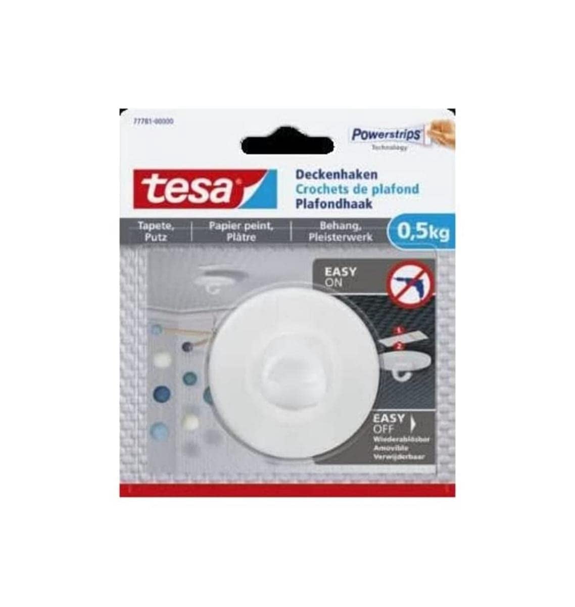 tesa Ceiling Hook for Wallpaper and Plaster Holds up to 500 Grams, 77781-00000-00 On sensitive