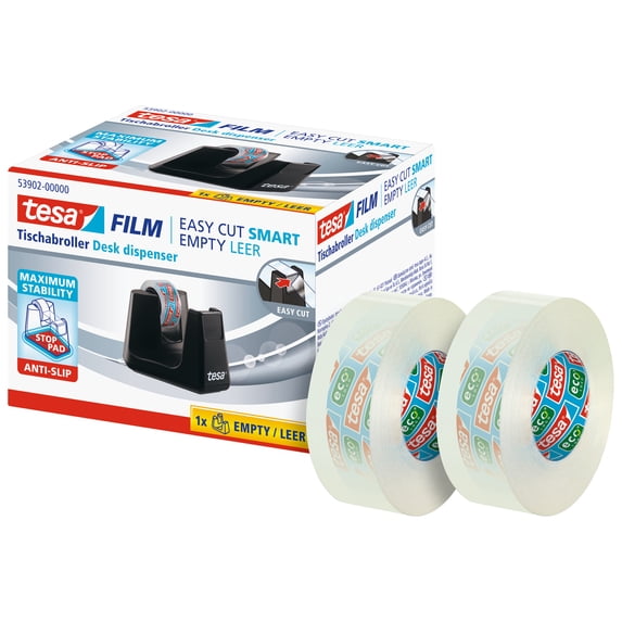 tesa Recycled Desk Dispenser with 2 Rolls of tesa Eco and Clear 0.75" x 36.1yds - Black