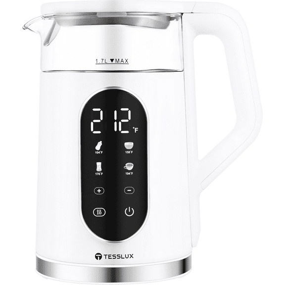 tesslux Electric Kettle, 1500W Fast Boiling Glass Water Kettle with Temperature Control, 1.7L Cordless Stainless Steel Base, Keep Warm & Auto Shut-Off, BPA-Free, White