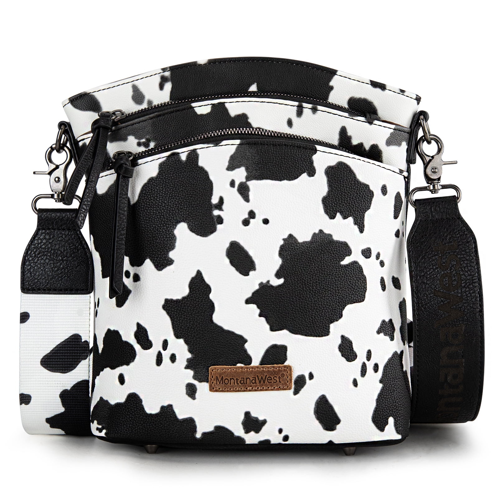 Montana West Multi Zip Pocket Large Crossbody Bag With Guitar Strap, C-Cow Black