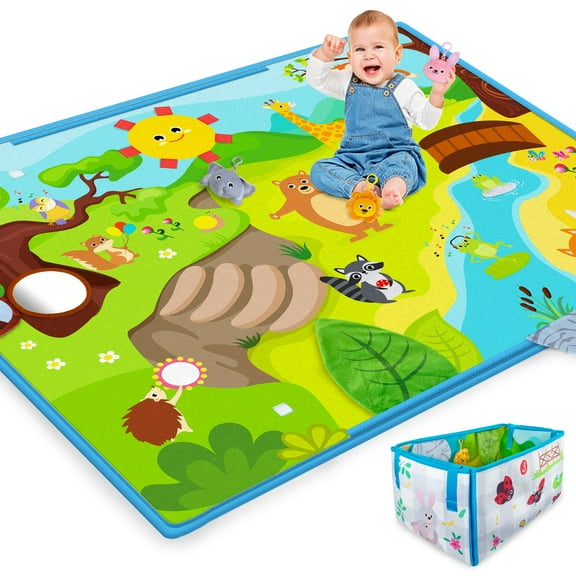 Teytoy Baby Play Mat, Baby Tummy Time Activity Mat with Mirrors Toy, Soft Cotton Baby Crawling Mat with Hanging Toys, Playmats for Babies and Toddlers, Foldable Baby Play Mats for Floor