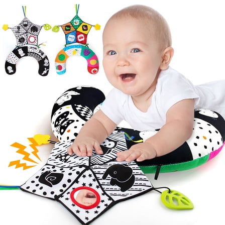 teytoy Newborn Baby Toys 0 3 6 Months,Tummy Time Pillow Toy, Black and White High Contrast Baby Toy with Mirror & Beating Play Activity mat,, Montessori Sensory Crawling Toy for Infant