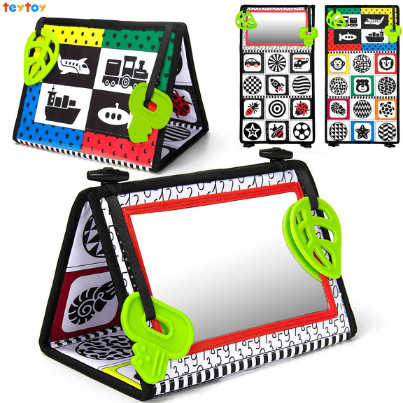 teytoy Tummy Time Floor Mirror with Teethers,Double High Contrast Baby Toy Black and White Brain Development Newborn Toy 0 3 6 Month,Tummy Time Mirror Toys for Infants Boys and Girls Sensory Baby Toy
