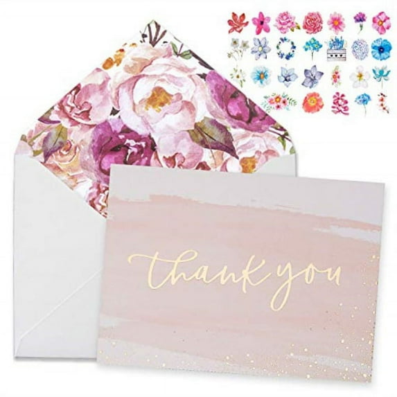 thank you cards-48 bulk blank gold foil&watercolor bulk box set with elegant floral envelopes &stickers for wedding, baby shower, bridal shower, business, anniversary, funeral -4" x 6"