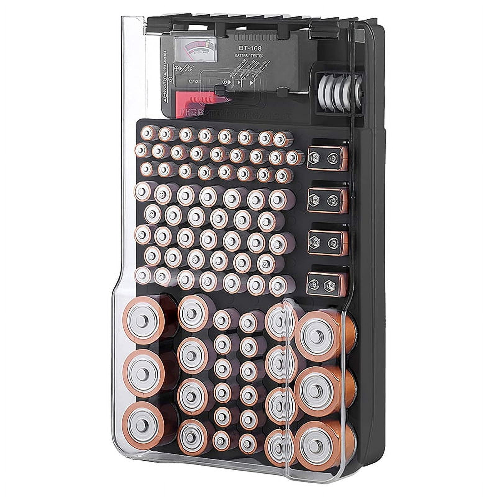 The Battery Storage Case,Organizer with Hinged Clear Cover, with Battery Tester, Holds 93 Batteries Various Sizes, Black - Walmart.com