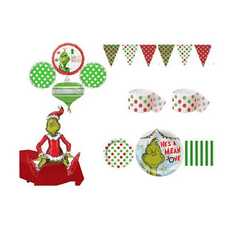the Grinch Who Stole Christmas Party Pack for 16 Guest with Balloons & Huge Grinch Greeter
