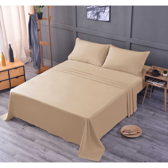 the Season Essentials Wrinkle Free Sheet Sets with Deep Pockets & Stain Resistant, 4 pc, 1800 Thread Count Bamboo Based, Beige, Queen
