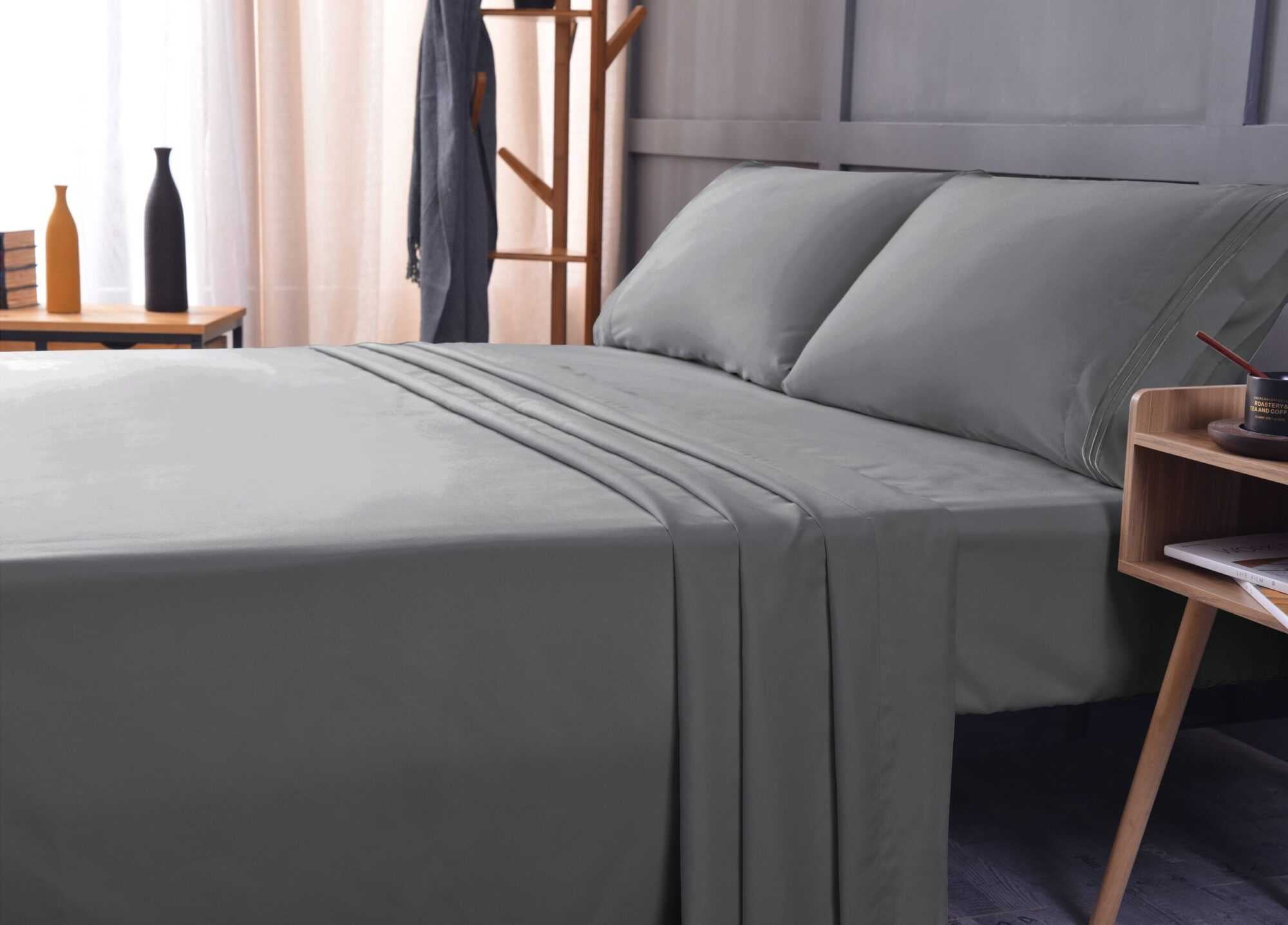 the Season Essentials Wrinkle Free Sheet Sets with Deep Pockets & Stain Resistant, 4 pc, 1800 Thread Count Bamboo Based, Gray, Queen