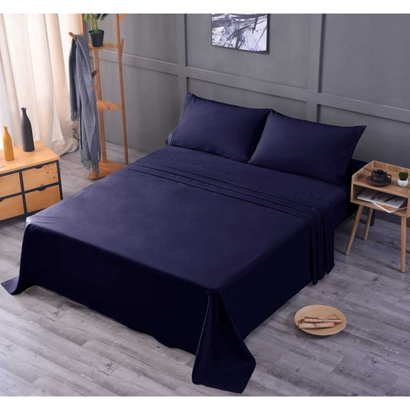 the Season Essentials Wrinkle Free Sheet Sets with Deep Pockets & Stain Resistant, 4 pc, 1800 Thread Count Bamboo Based, Navy, Full