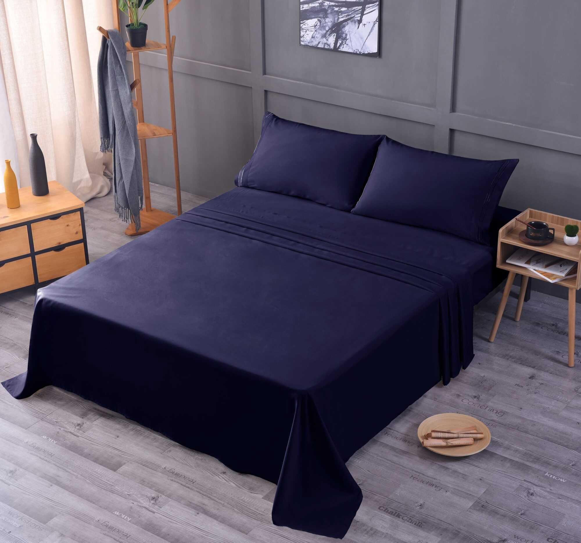 the Season Essentials Wrinkle Free Sheet Sets with Deep Pockets & Stain Resistant, 1800 Thread Count Bamboo Based – Navy, California King