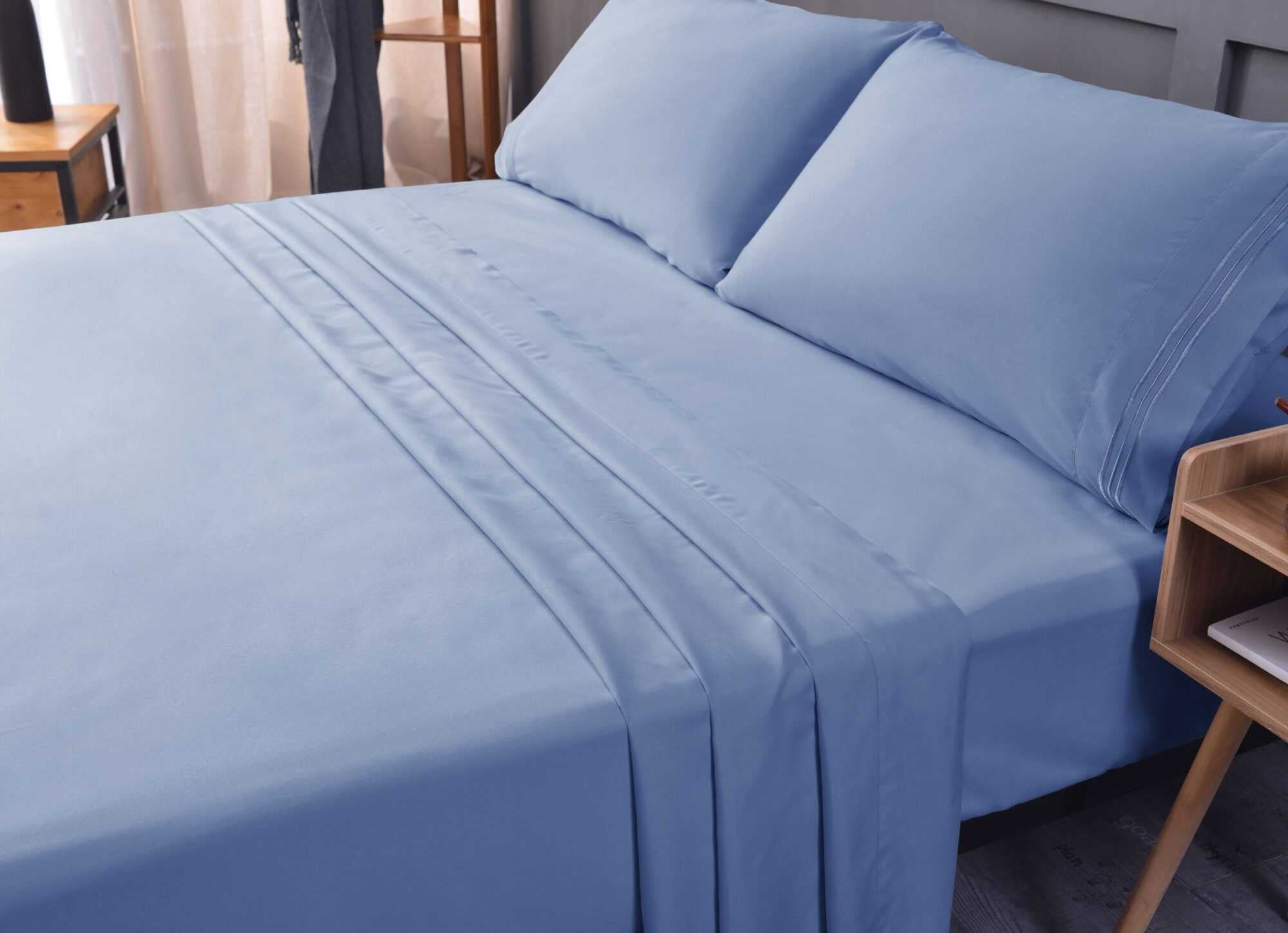 the Season Essentials Wrinkle Free Sheet Sets with Deep Pockets &amp; Stain Resistant, 1800 Thread Count Bamboo Based, Blue, California King