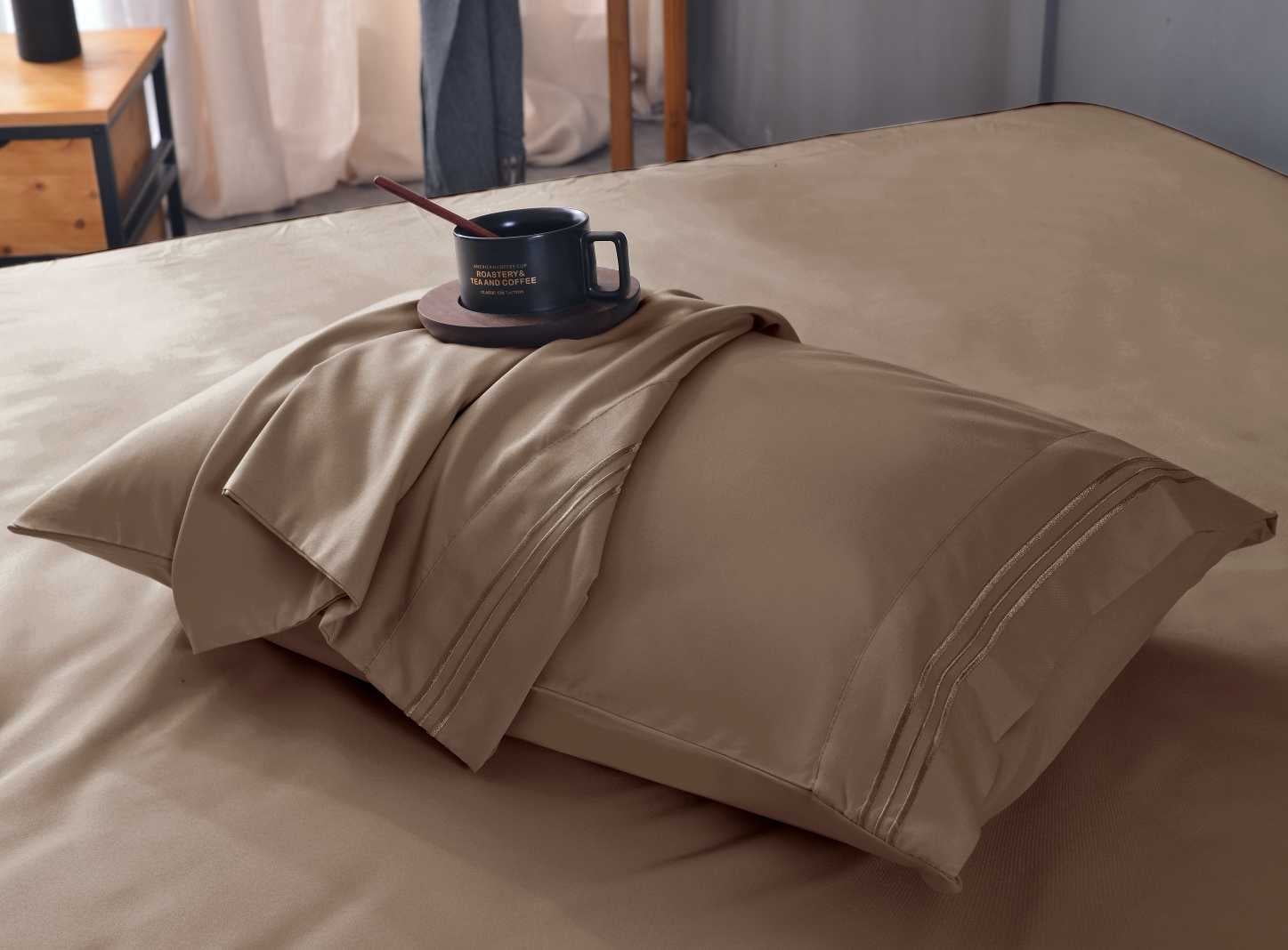 the Season Essentials Wrinkle Free Sheet Sets with Deep Pockets &amp; Stain Resistant, 1800 Thread Count Bamboo Based, Tiger Eye, Queen