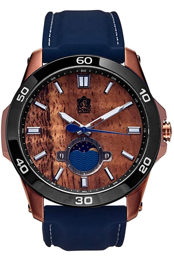 "The Castaway" Hawaiian Koa Wood Watch (47 mm Diameter, Copper and Blue Silicone Band)