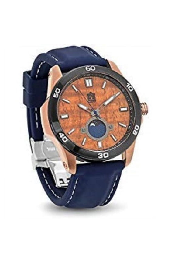 "the castaway" hawaiian koa wood watch (47 mm diameter, copper and blue silicone band)