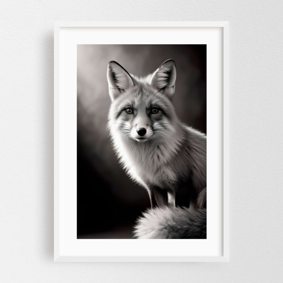 the fox 01 - Photography Fox Wildlife Black and White Animal Nature Portrait Forest White Framed Wall Art Print 20 x 30 inches
