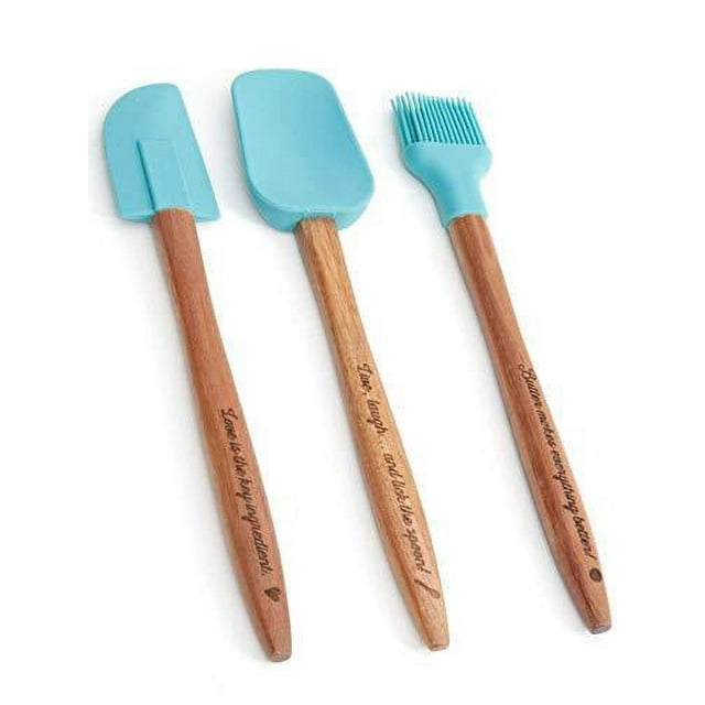 The Pioneer Woman Cowboy Rustic 3-Piece Silicone Head Utensil Set with Acacia Wood Handle, Turquoise/Blue