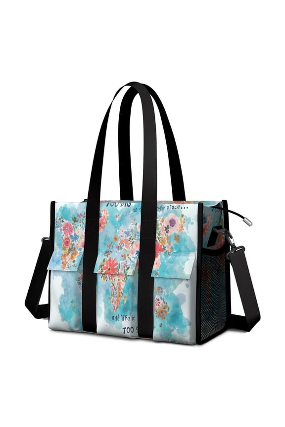 the world map made of flowersLarge Teacher Tote Bag with Laptop Compartment, Multi-Pocket Waterproof Work Tote