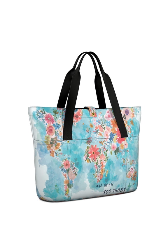 the world map made of flowersLarge Tote Bag with Multi Pockets, Foldable Shoulder Handbag with Snap Closure