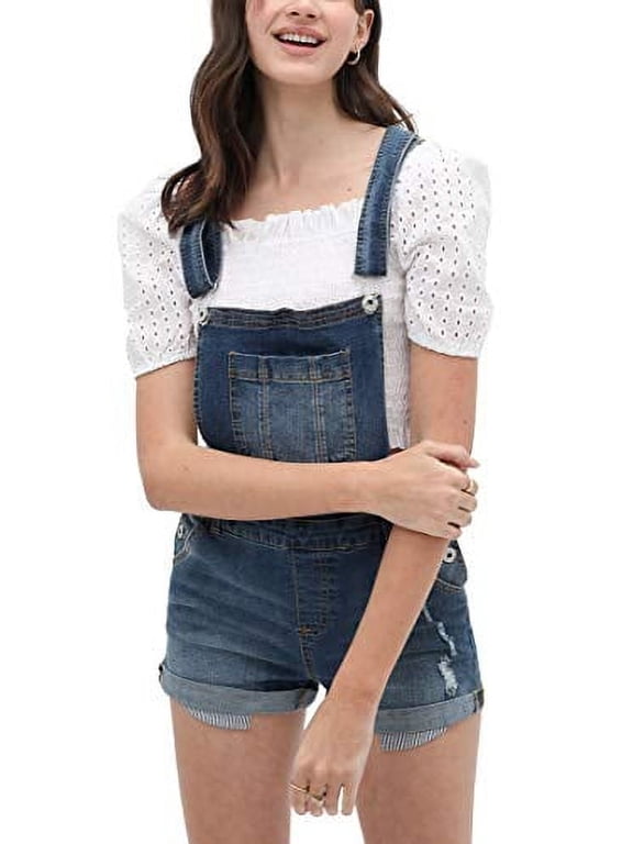 Women?s Summer Cute Denim Romper Overall Shorts - Cuffed Hem Ripped Bib Shortalls LT3397RK Blue L