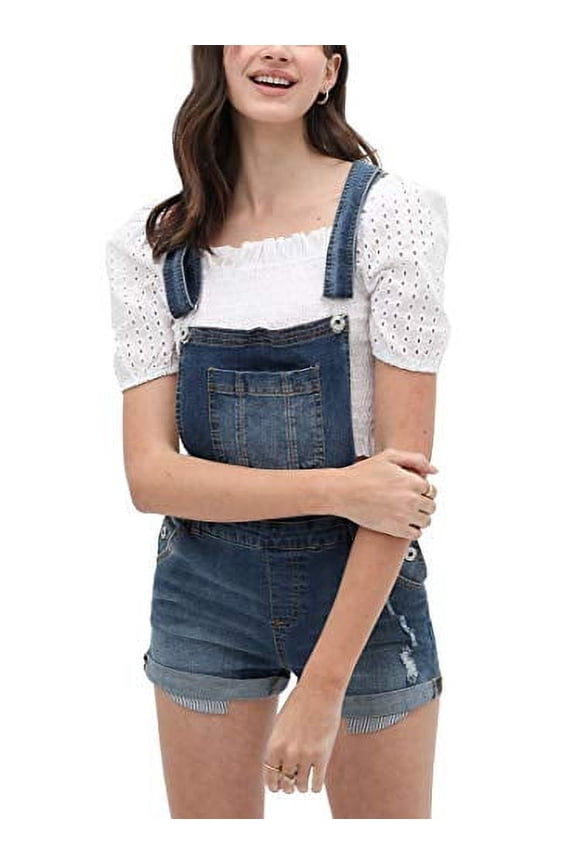 Women?s Summer Cute Denim Romper Overall Shorts - Cuffed Hem Ripped Bib Shortalls LT3397RK Blue L