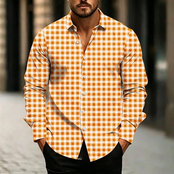 thefmos Men Plus Size Long Sleeve Plaid Button Up Shirt Fall Winter Spring Casual Classic Basic Tops Work Outfits, Orange M