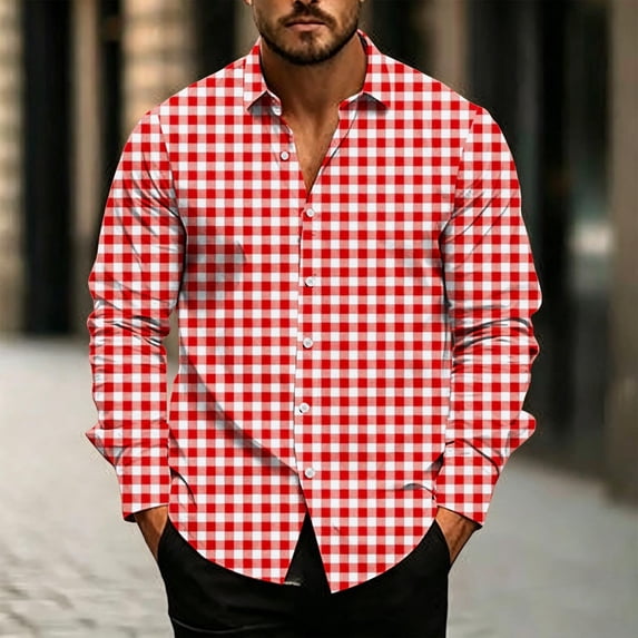 thefmos Men Plus Size Long Sleeve Plaid Button Up Shirt Fall Winter Spring Casual Classic Basic Tops Work Outfits, Red 3XL