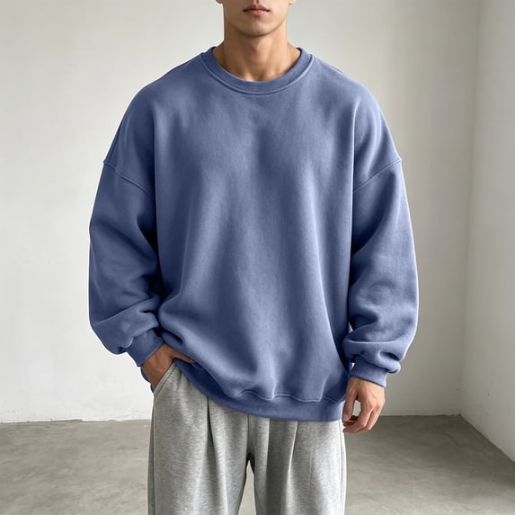 thefmos Men Plus Size Long Sleeve Pullover Tops Fall Winter Casual Loose Fit Solid Sweater Basic Fashion Work Outfits Clothes, Navy 3XL