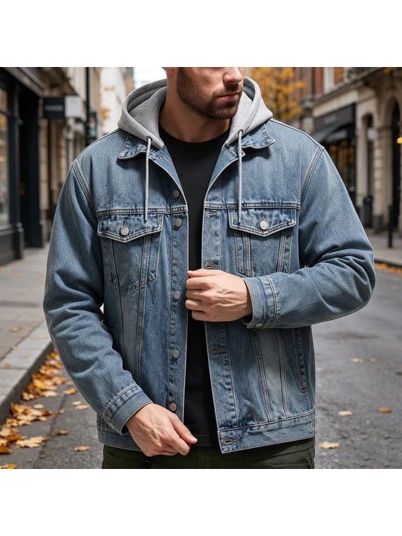 Men's Fall Winter Hooded Denim Shacket Casual Solid Jacket Outwear Warm Fleece Lined Basic Coat Street Style Work Outdoor Layers, Dark Blue S
