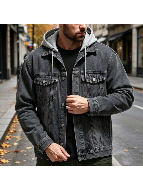 Men's Fall Winter Hooded Denim Shacket Casual Solid Jacket Outwear Warm Fleece Lined Basic Coat Street Style Work Outdoor Layers, Dark Gray S