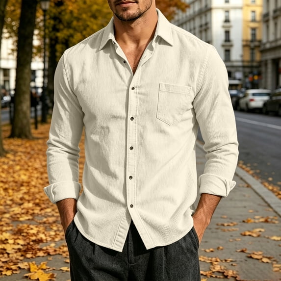 thefmos Men's Long Sleeve Button Down Shirt Fall Winter Spring Casual Basic Collared Top Loose Fit Everyday Wear Office Work Outfits, Beige XL