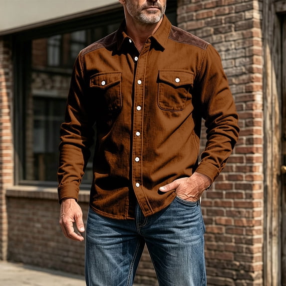 thefmos Men's Plus Size Long Sleeve Corduroy Shacket Fall Winter Casual Button Down Shirt Classic Collared Work Outfits Tops, Coffee XL