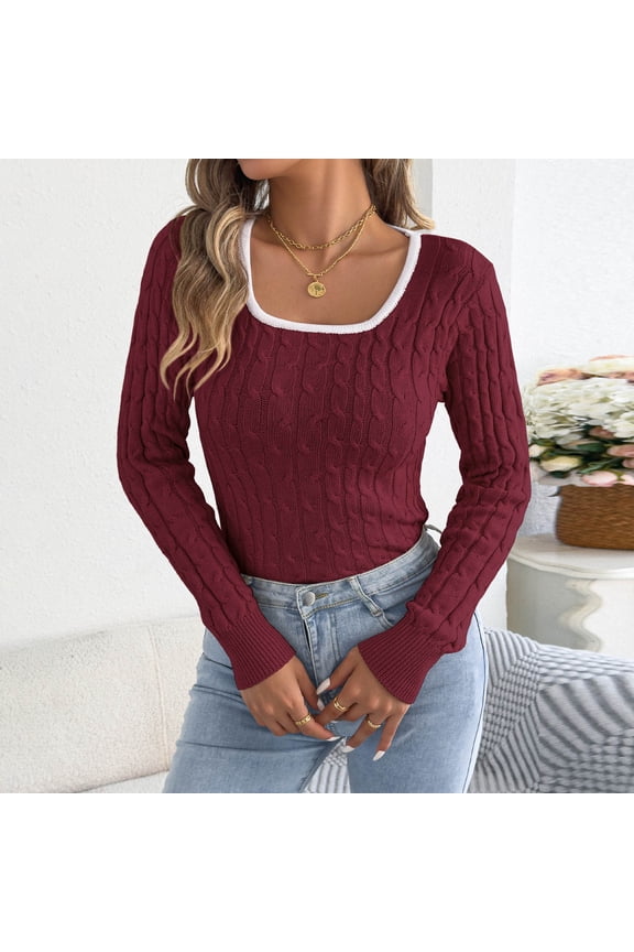 Trendy Fall Sweaters for Women Long Sleeve Square Neck Casual Knit Pullover Tops Loose Casual Basic Winter Outfits, Wine M